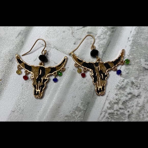 Western Leopard BOHO Steer Skull Earrings - Picture 3 of 5